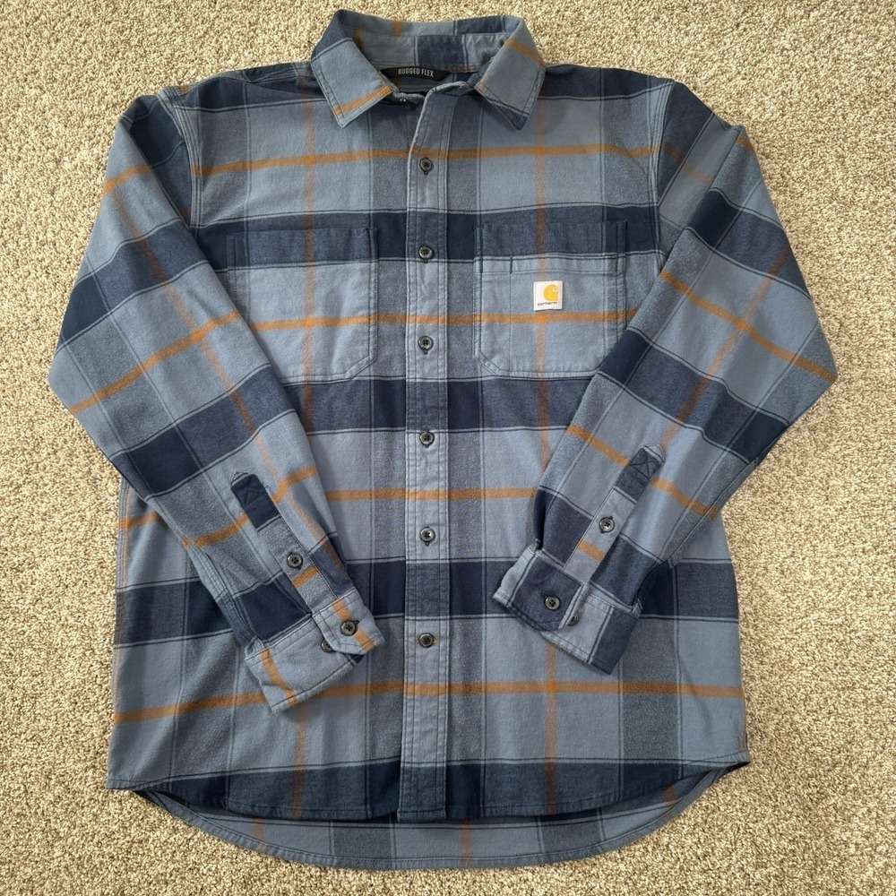 Carthart Size M Rugged Flex Blue Plaid L/S Lightweight‎ Flannel Button Down Top